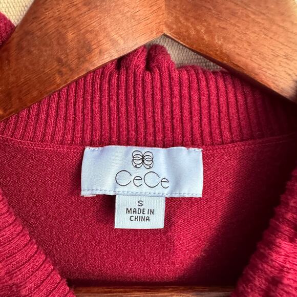 CeCe Sweater Size S Burgundy Red Ruffle Mock Neck Long Sleeve Lightweight Knit - Picture 5 of 10